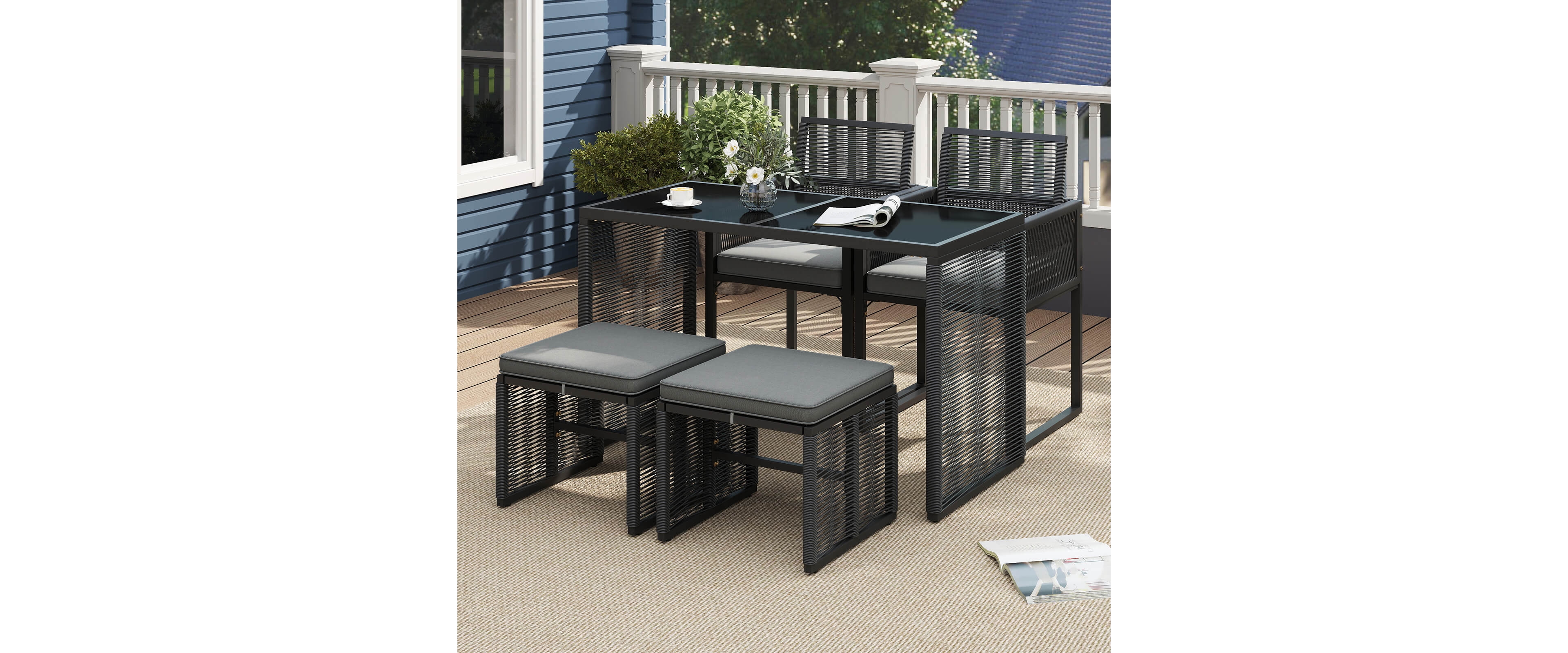 5 Pcs Pe Wicker Patio Dining Set Outdoor Conversation Set with
