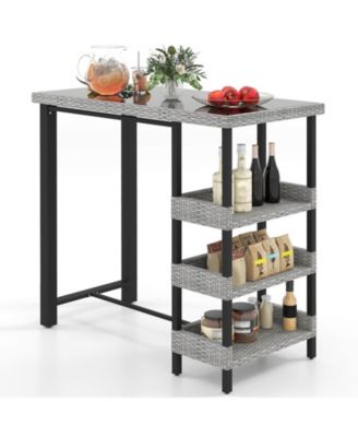 43.5" Outdoor Bar Table with Tempered Glass Top & 3 Rattan Shelves Storage