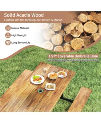 6-Person Acacia Wood Picnic Table with 2 Built-In Benches Umbrella Hole Metal Frame
