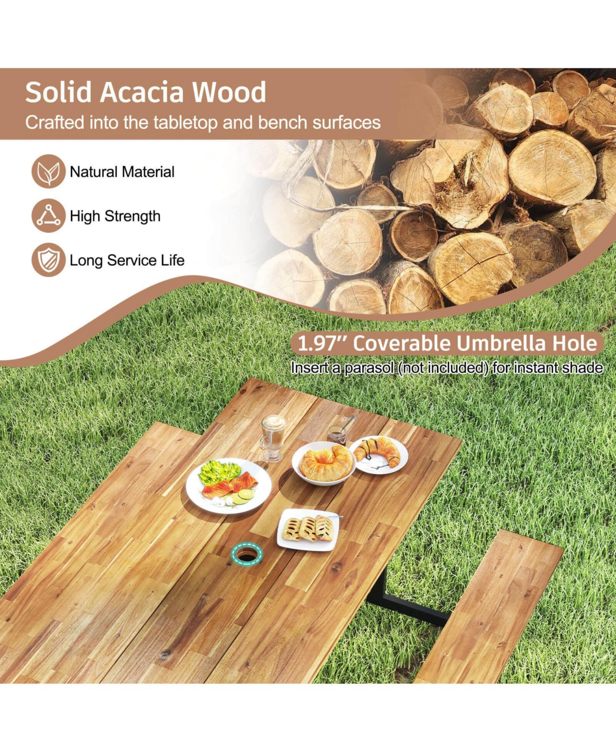 Costway 6-Person Acacia Wood Picnic Table with 2 Built-In Benches Umbrella Hole Metal Frame