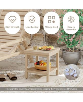 2-Tier Outdoor Side Table, Teak Wood End Table with Storage Shelf