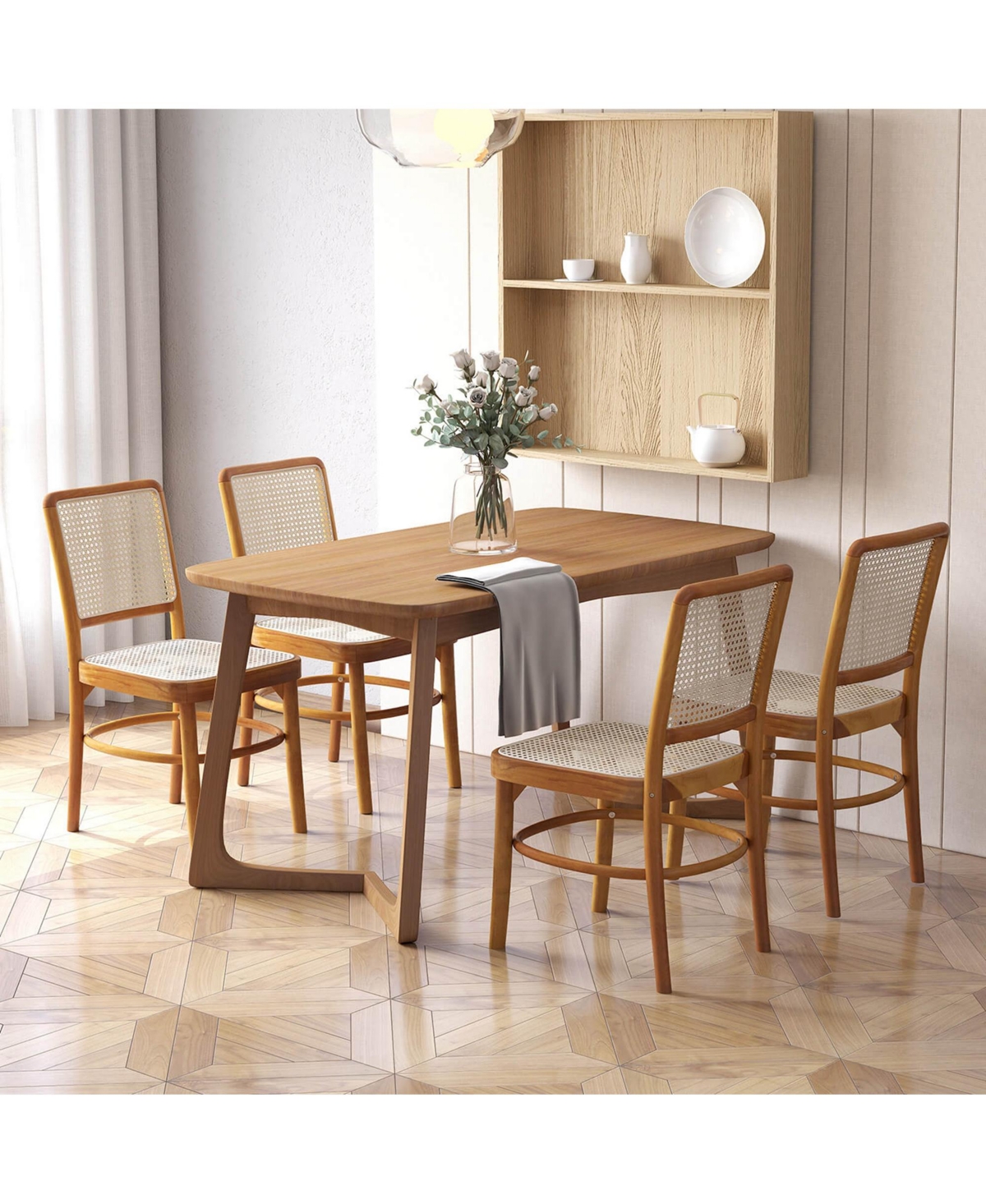 Set of 4 Boho Dining Chairs with Teak Wood Structure & Footrests for Indoor Use