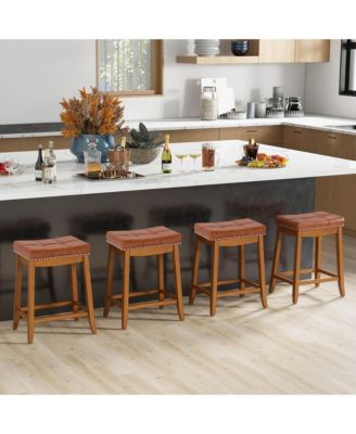 Saddle Bar Stools Set of 4 with PU Leather Seat Solid Rubber Wood Frame Footrest