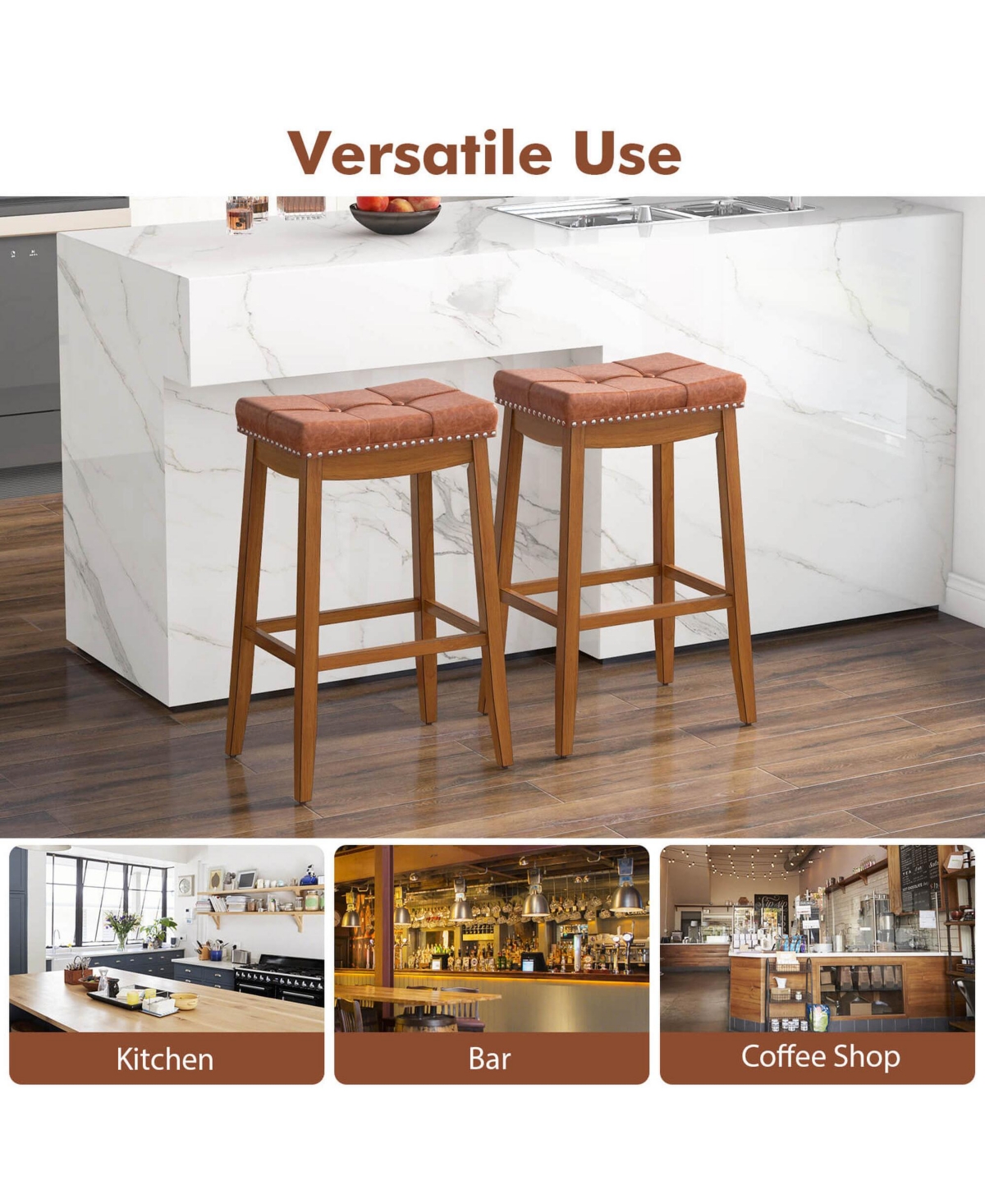 29" Bar Height Stools Set of with Pu Leather Seat Solid Rubber Wood Frame