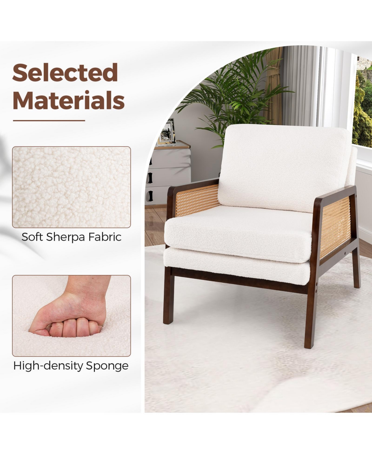 Costway Mid Century Modern Accent Chair Living Room Armchair with Rattan Arms Wooden Frame