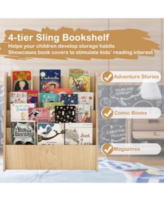 4-tier Kids Wooden Bookshelf Toddlers Book Rack with Deep Shelves