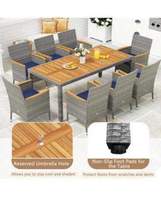 9 PCS Patio Dining Set for 8 Table and PE Rattan Chairs with 2" Umbrella Hole