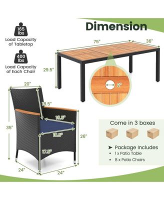 9 PCS Outdoor Dining Set with Acacia Wood Tabletop, Umbrella Hole, Seat Cushions