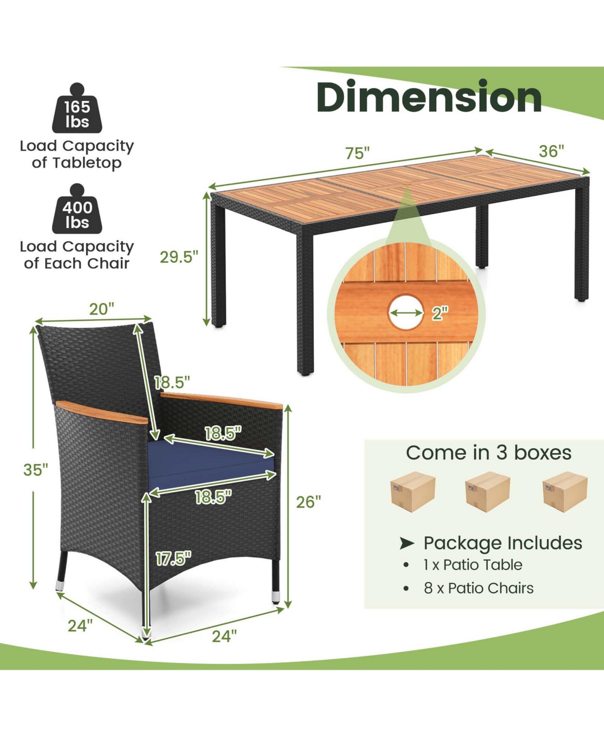 Costway 9 Pcs Outdoor Dining Set with Acacia Wood Tabletop, Umbrella Hole, Seat Cushions