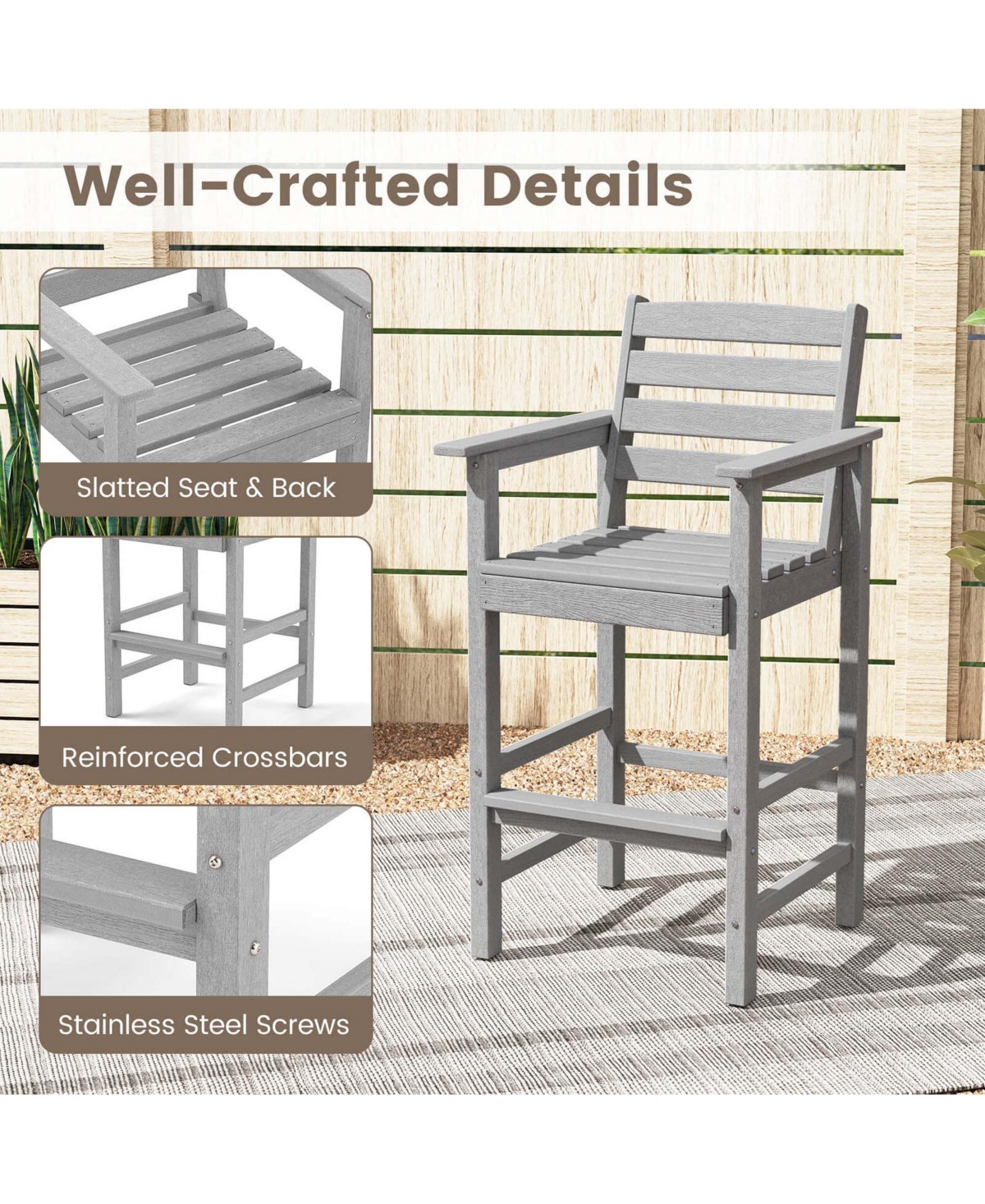 3-Piece Patio Hdpe Bar Set Armchairs with Square High-Top Table Footrest and Backrest