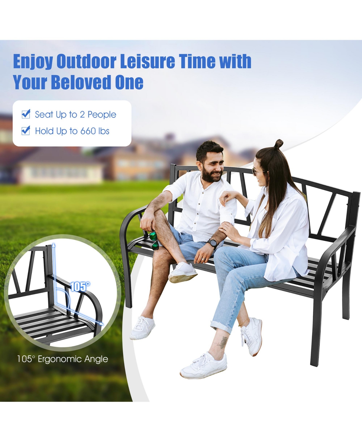 Outdoor Patio Garden Bench Metal Frame with Ergonomic Armrest 660 Lbs Max Load