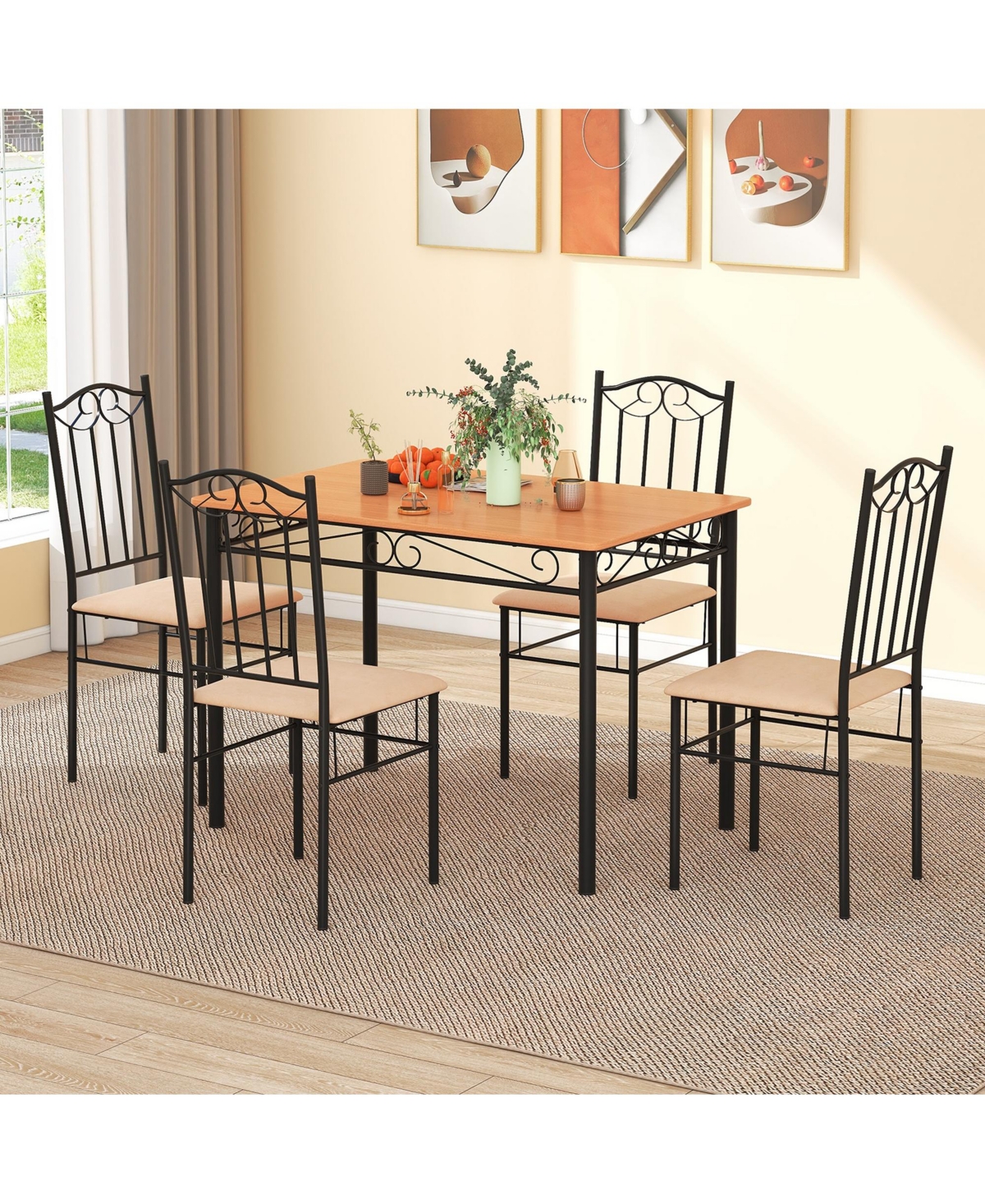 5 Pcs Dining Set Wood Metal 30" Table & 4 Chairs Upholstered Kitchen Breakfast Furniture