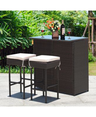 3PCS Patio Rattan Wicker Bar Table Stools Dining Set Cushioned