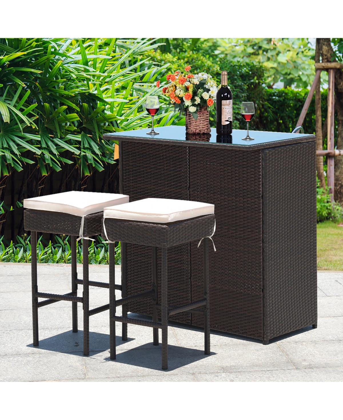 3PCS Patio Rattan Wicker Bar Table Stools Dining Set Cushioned