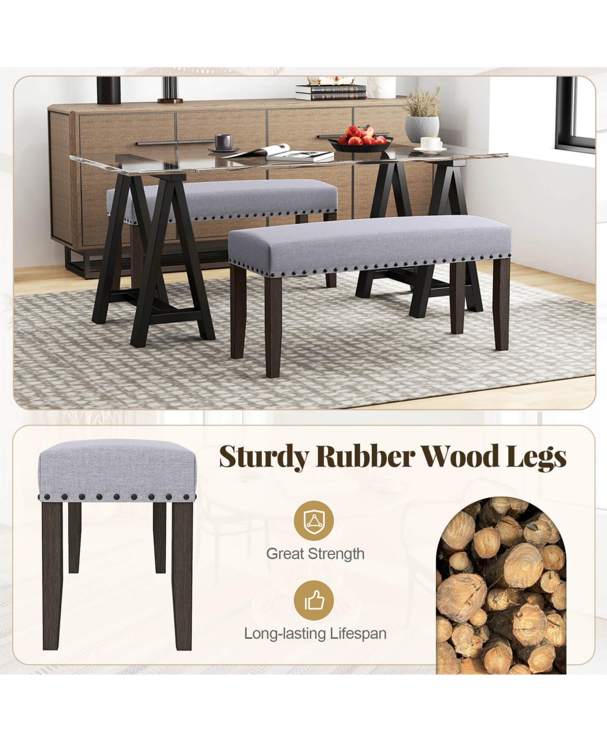 2 Pcs 42.5" Upholstered Entryway Bench with Nailhead Trim Soft Padded Cushion Indoor