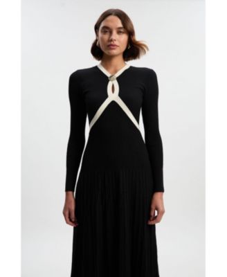 Women's Rib Knit Trim Full Skirt Midi Dress