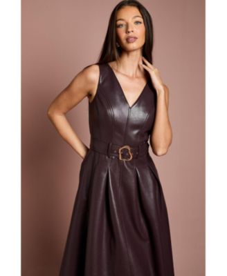 Women's Sleeveless Pu Belted Dress