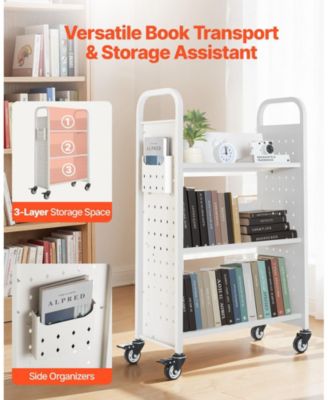 Rolling Library Book Cart - 3-Tier Single Sided L-Shaped Bookshelf with Lockable Wheels Book Truck for Home Office and School