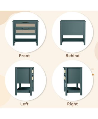 Rattan Nightstand with 2 Drawers, Open Shelf & Handles for Bedroom or Living Room