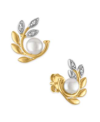 Cultured Freshwater Pearl (4mm) & Diamond Accent Olive Branch Earrings in 14k Gold Over Sterling Silver