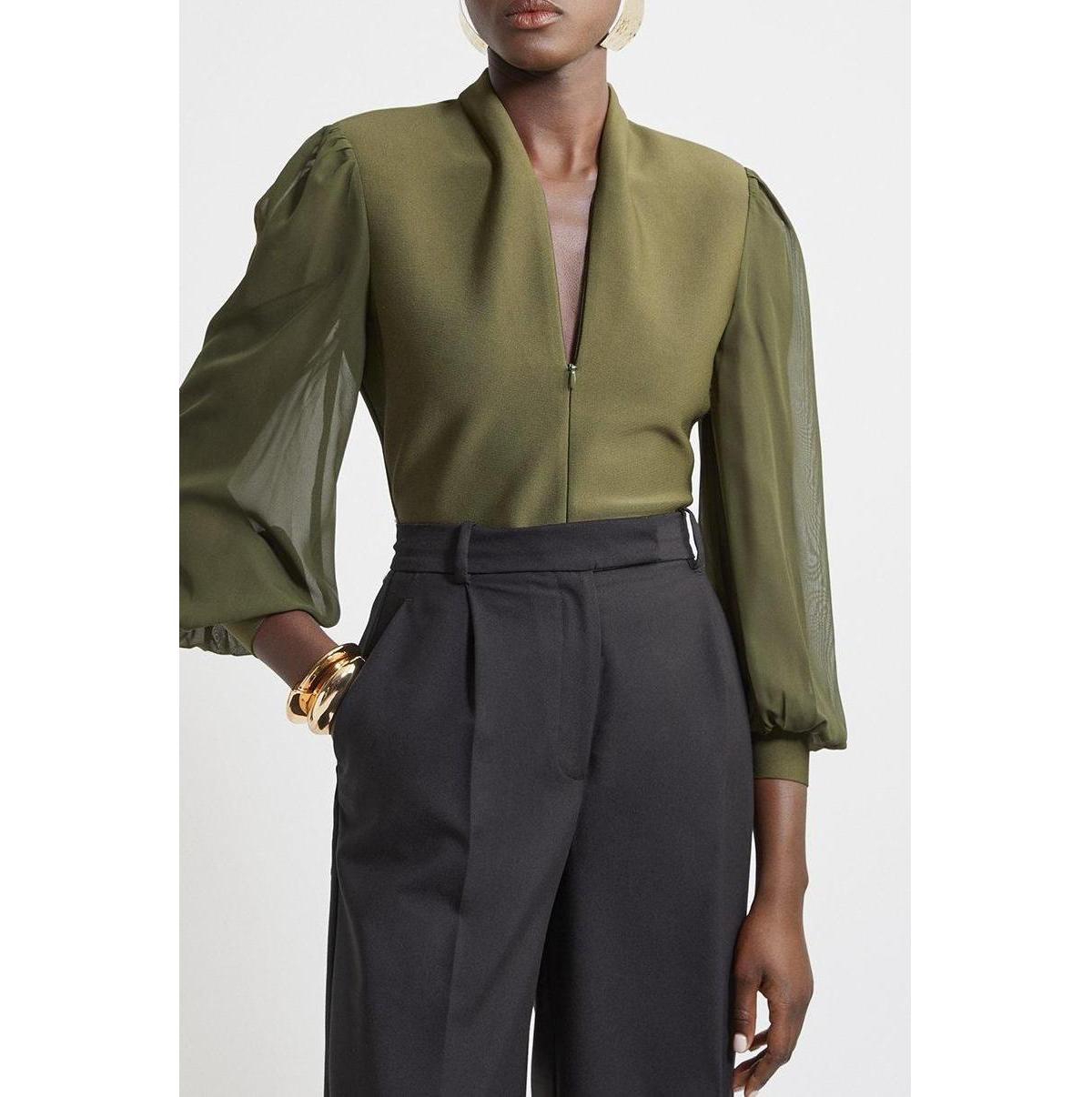 Karen Millen Women's Zip Detail Chiffon Sleeve Knit Top