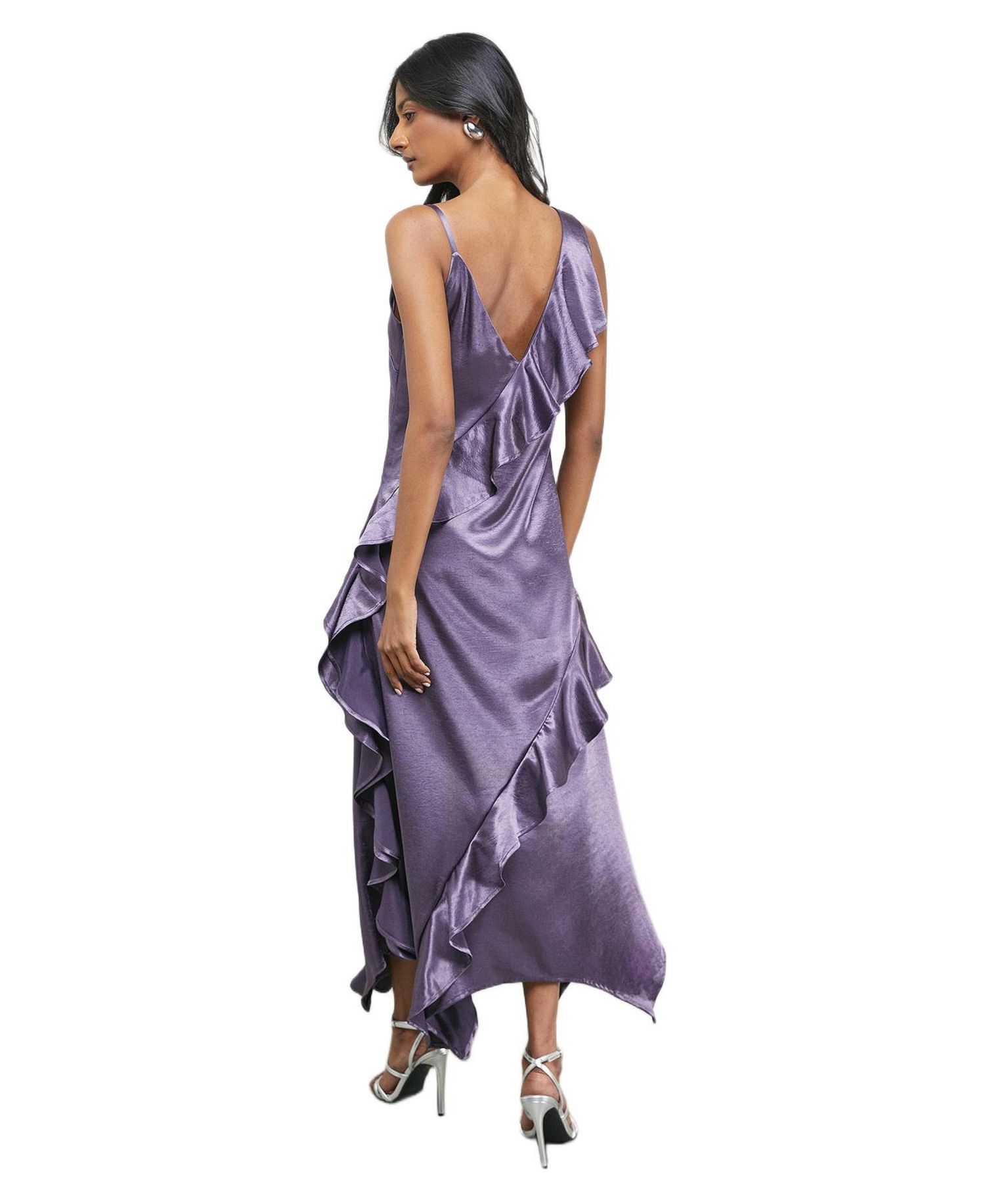 Women's Metallic Satin Ruffle Midi Slip Dress