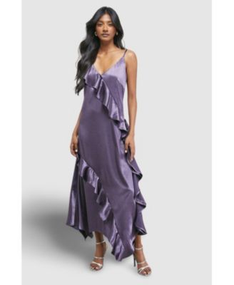Women's Metallic Satin Ruffle Midi Slip Dress
