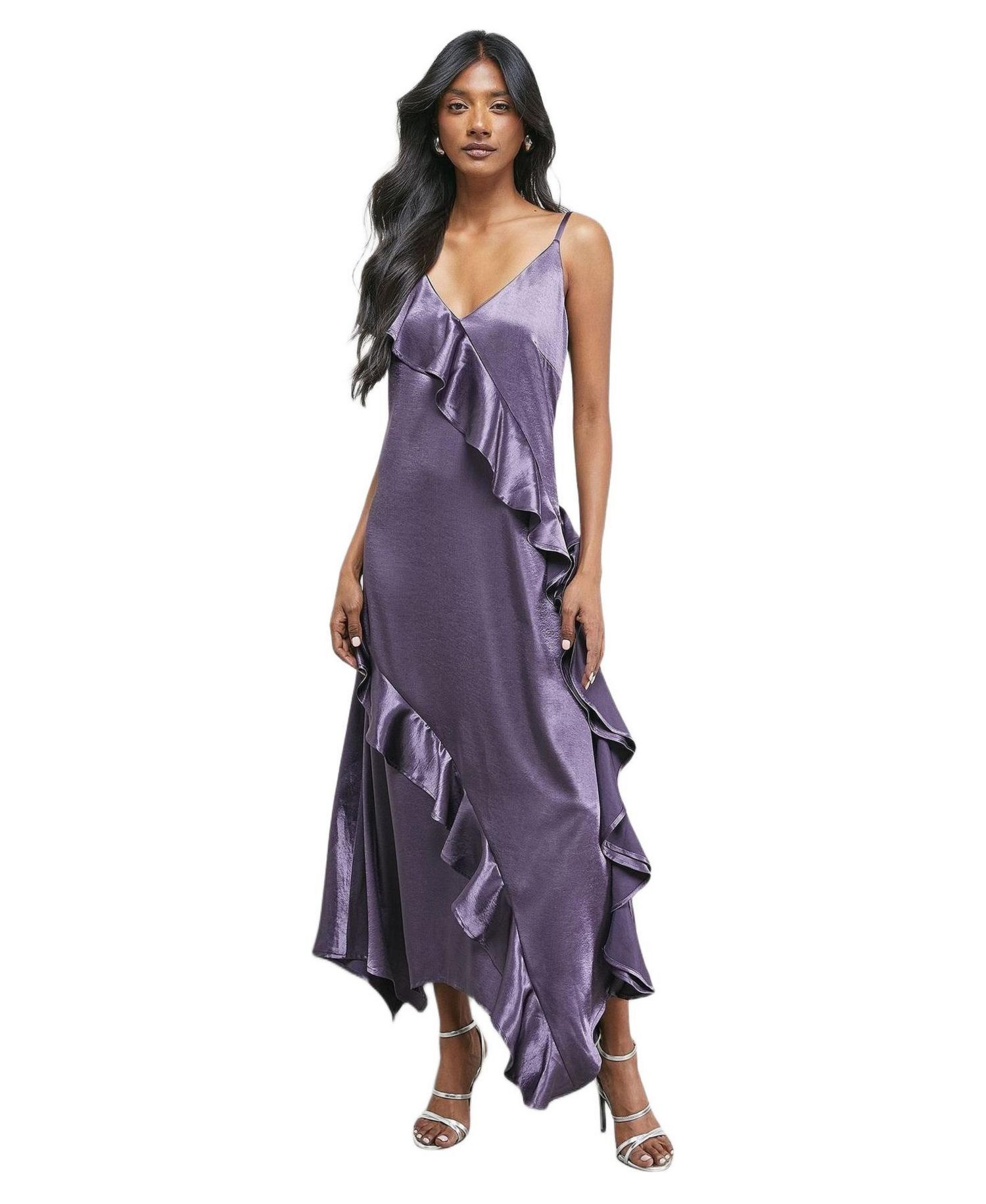 Women's Metallic Satin Ruffle Midi Slip Dress