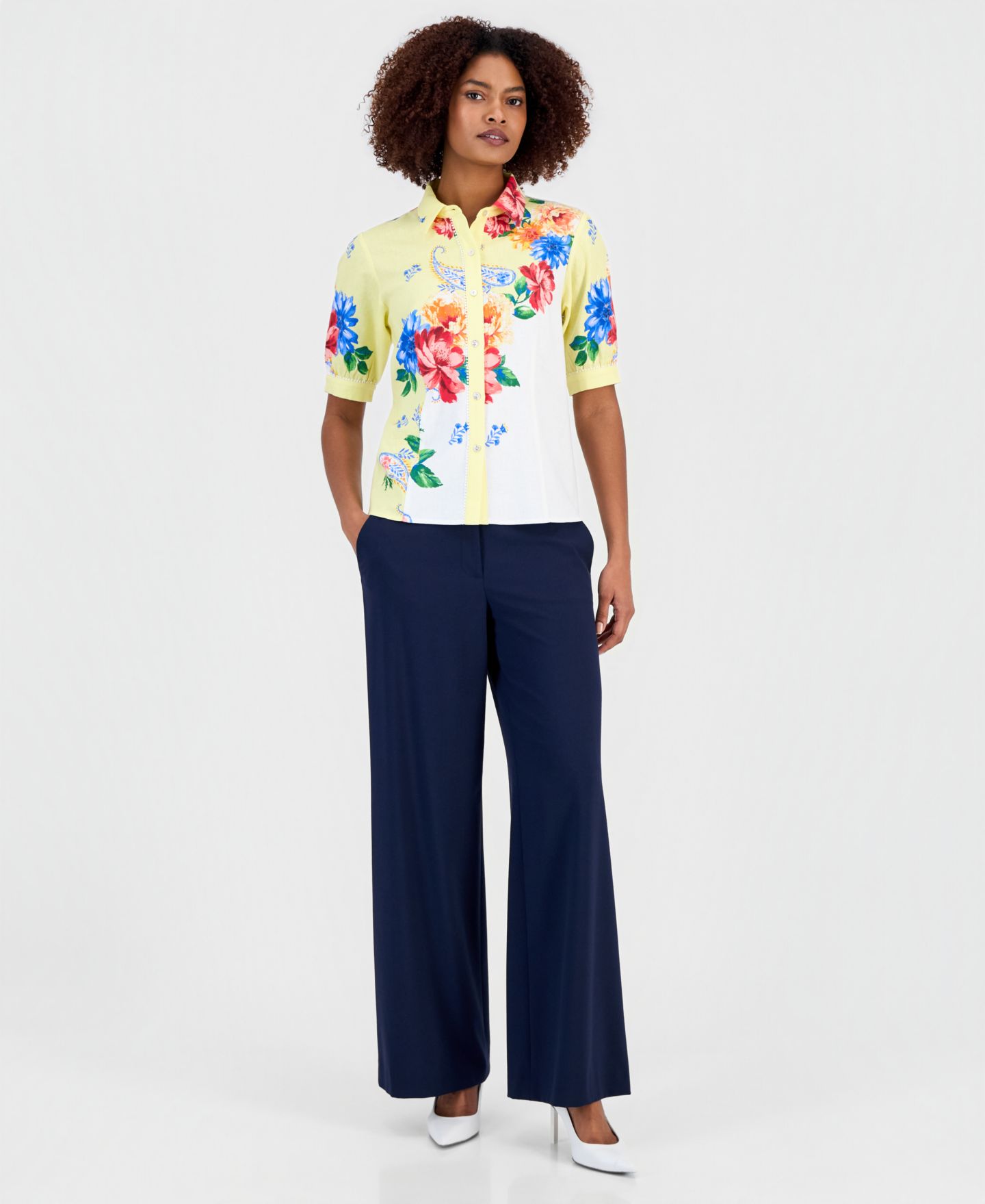 Женская блузка T Tahari Button-Front Puff-Sleeve, цвет: Porto Garden — фото 3