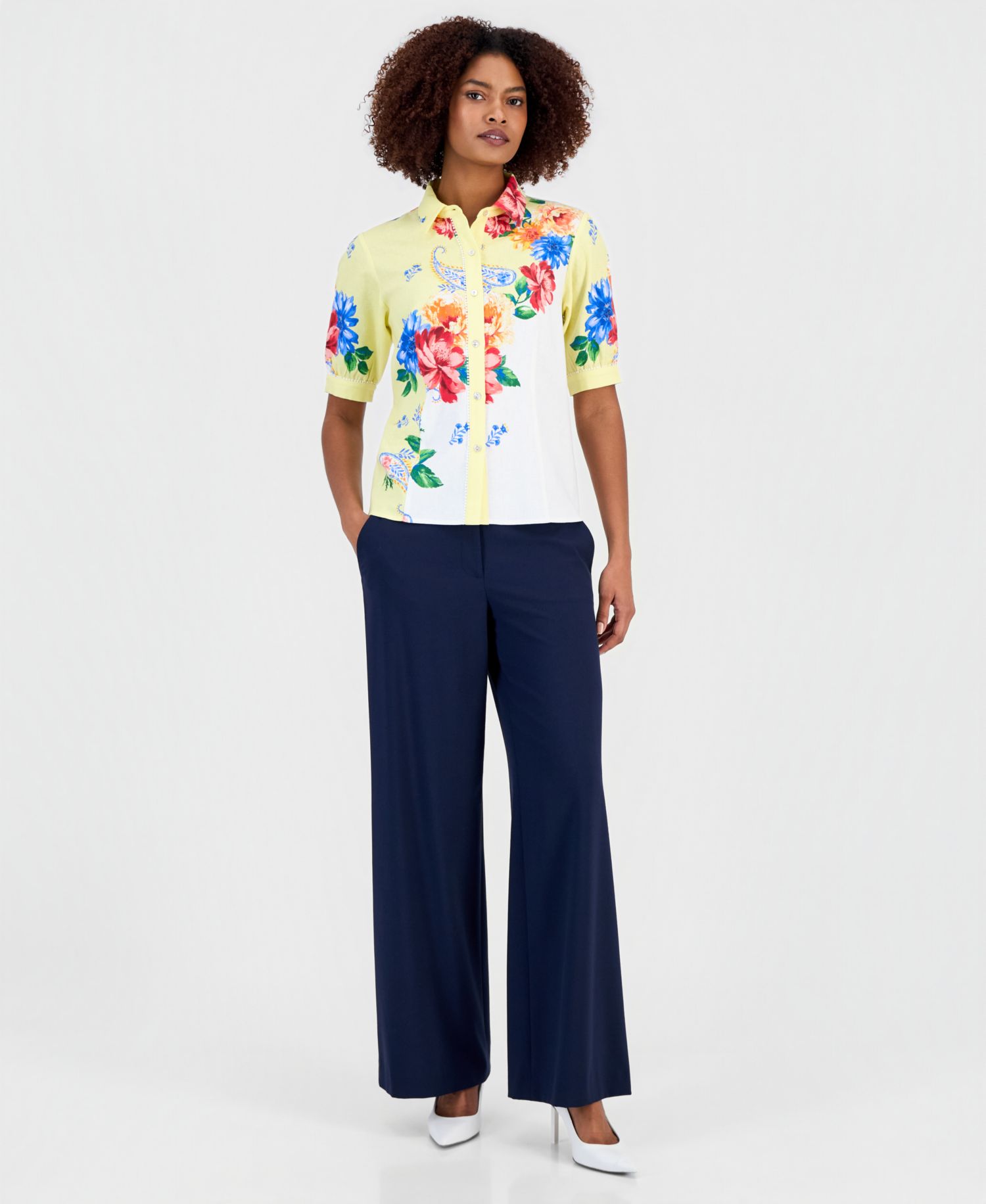 Women's Button-Front Puff-Sleeve Blouse