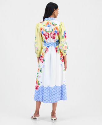 Women's Printed 3/4-Sleeve Midi Shirt Dress 