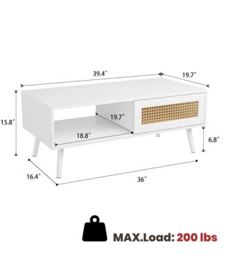 Coffee Table with Storage, Accent Center Table with Sliding PE Rattan Woven Door Panel and Wood Legs
