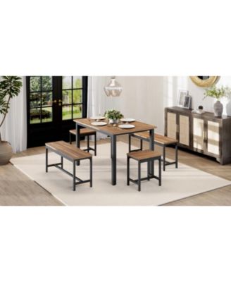 5-Piece Extendable Dining Table Set for 4-8 People, 63 Inch Kitchen Table with 2 Benches & 2 Stools