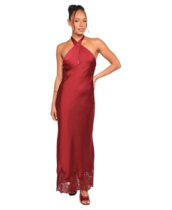 silk red dress Glow Silk-like Satin Prom Tied sash waist Simple Red Satin Spaghetti Straps