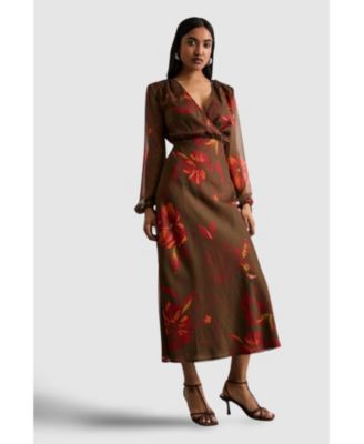 Women's Printed V Neck Tie Detail Midi Dress