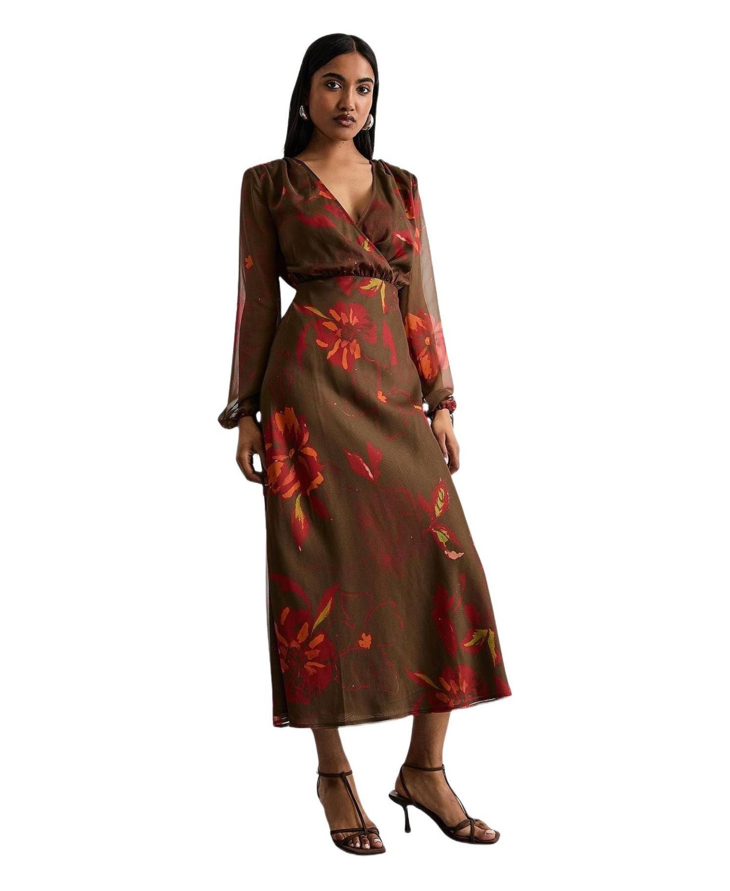 Women's Printed V Neck Tie Detail Midi Dress