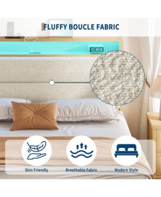 Boucle Upholstered Bed Frame with LED Lights and Charging Station with 2-Tier Storage Shelves