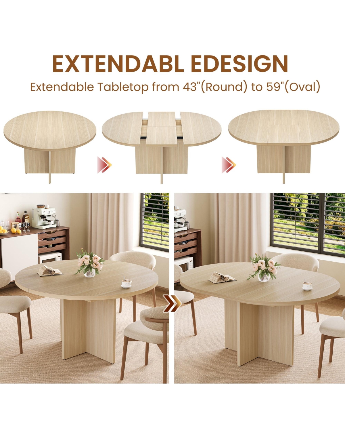 gaomon Extendable Round Dining Table for 4-8,Kitchen Oval Dining Table with Removable Leaves