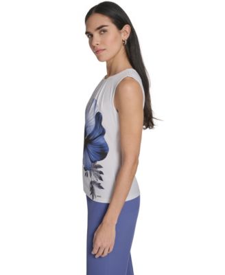 Petite Crew Neck Sleeveless Pleated Top