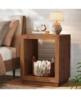 Solid Wood Side Table, Wooden End Table with 2-Tier Storage Shelf, Farmhouse Small Nightstand
