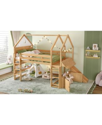 Loft Bed with Bookshelf and Slide for Kids