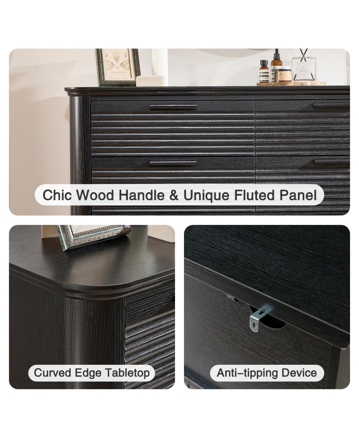 Rainsken Fluted 8 Drawer Dresser, Modern Wood Chest of Drawers with Curved Profile Design, Storage Organizer for Bedroom and Living Room