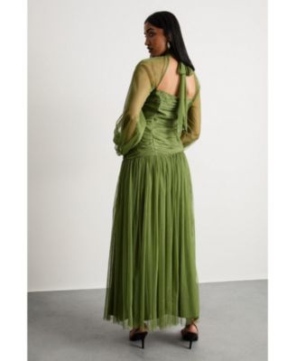 Women's Bow Detail Gathered Tulle Maxi Dress