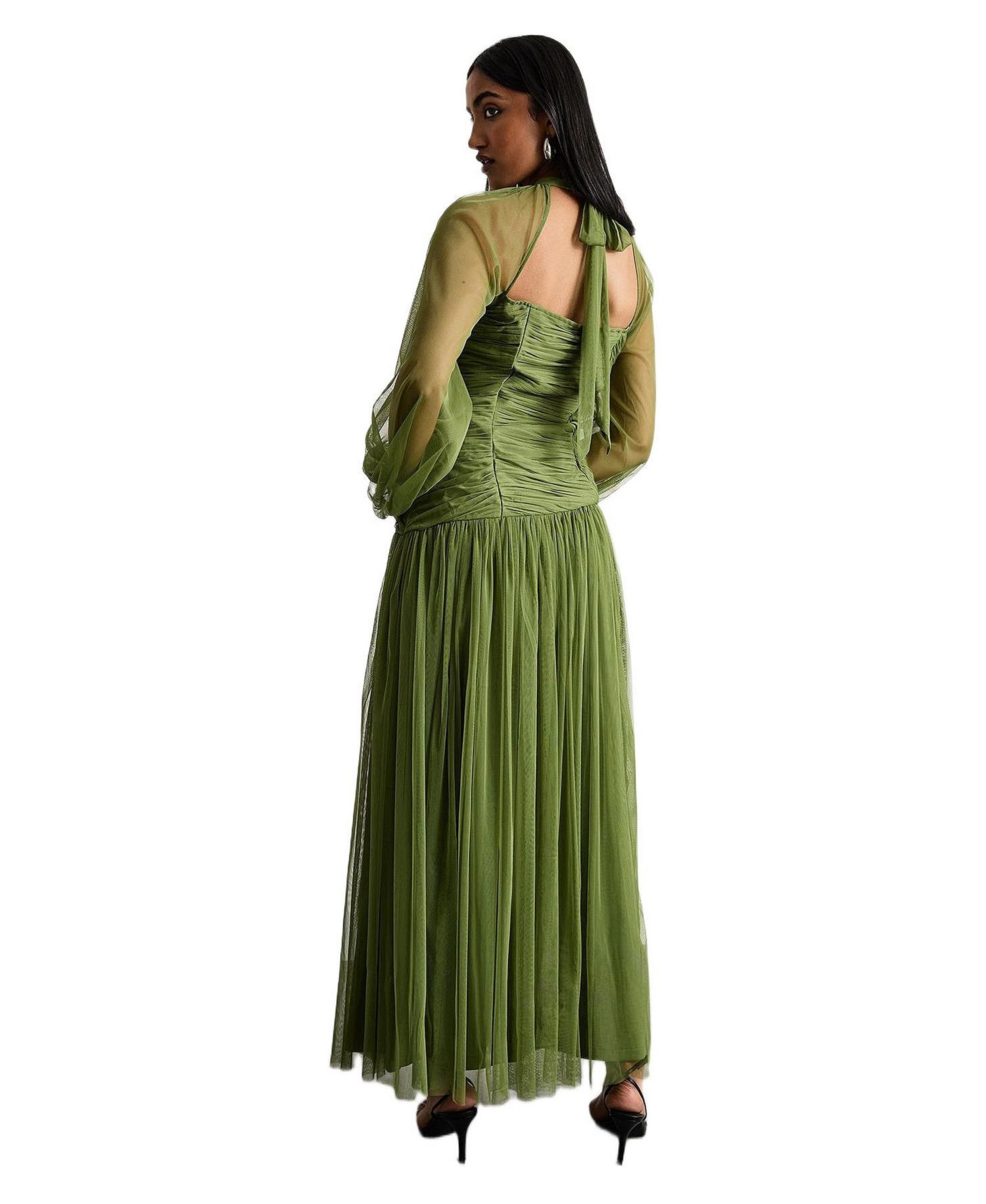 Women's Bow Detail Gathered Tulle Maxi Dress