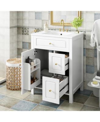 Bathroom Vanity with Ceramic Sink, Soft Close Door & Drawers, Double Storage Racks for Small