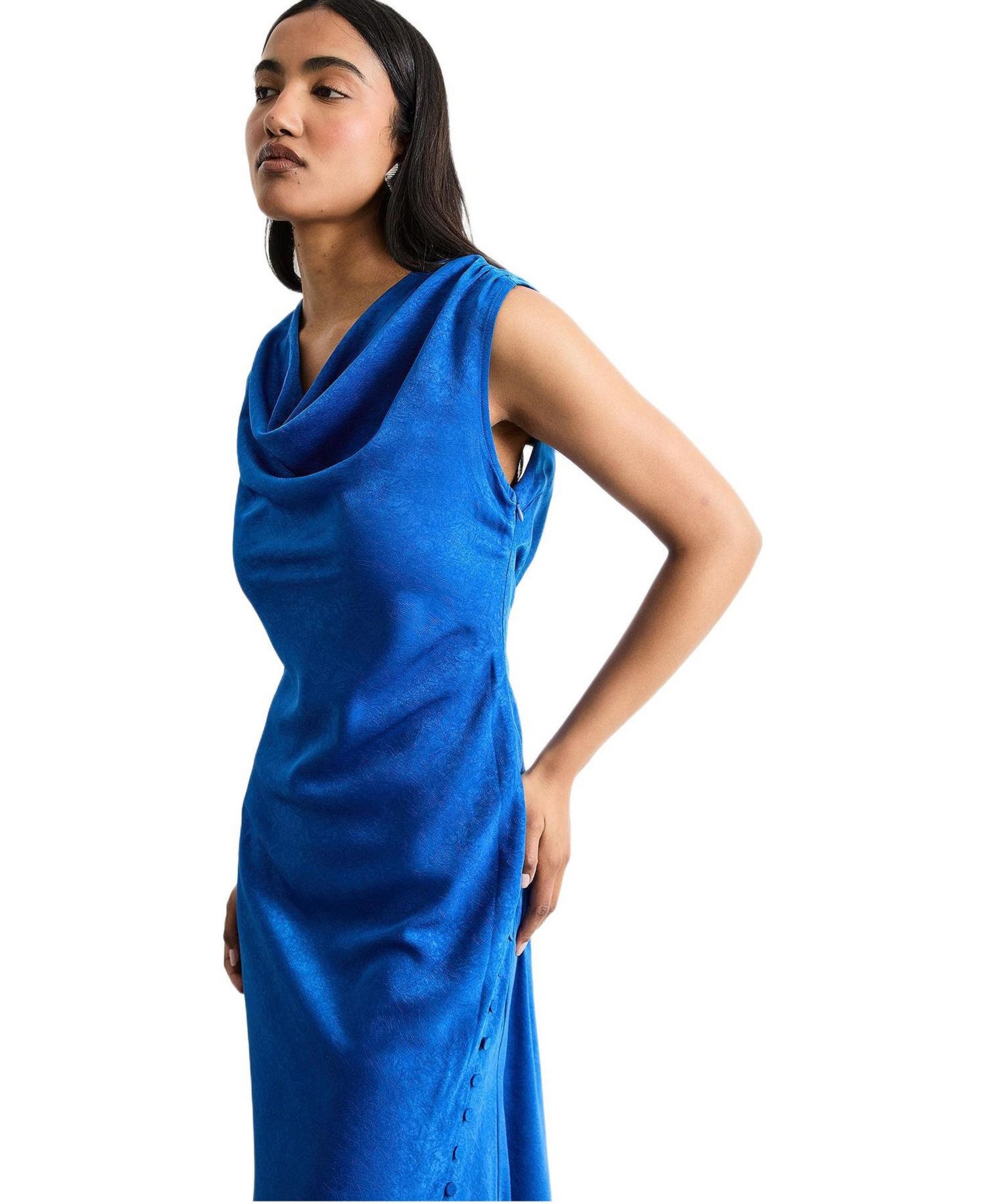 Women's Cowl Bias Satin Button Detail Dress