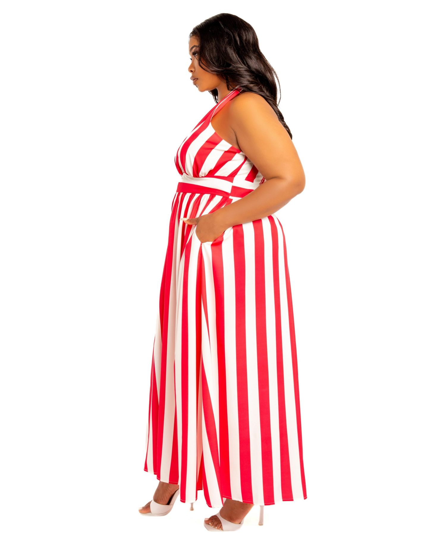Plus Size Stripe Halter Neck Maxi Dress