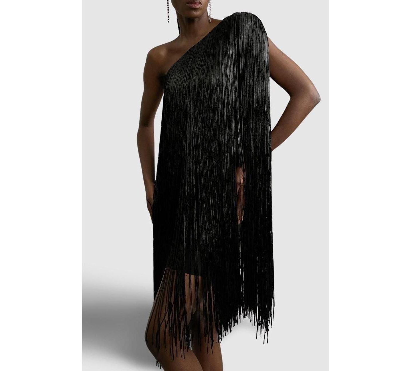 Женское платье Karen Millen Asymmetric Draped Fringe Mini, цвет: Чёрный — фото 6