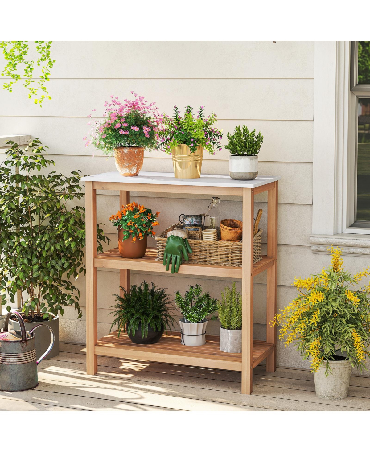 Gymax 3-Tier Patio Garden Potting Bench Table with Acacia Wood 2 Slatted Shelves