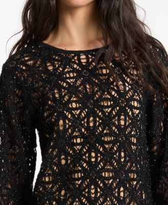 Women's Crochet Crewneck Long-Sleeve Mini Dress